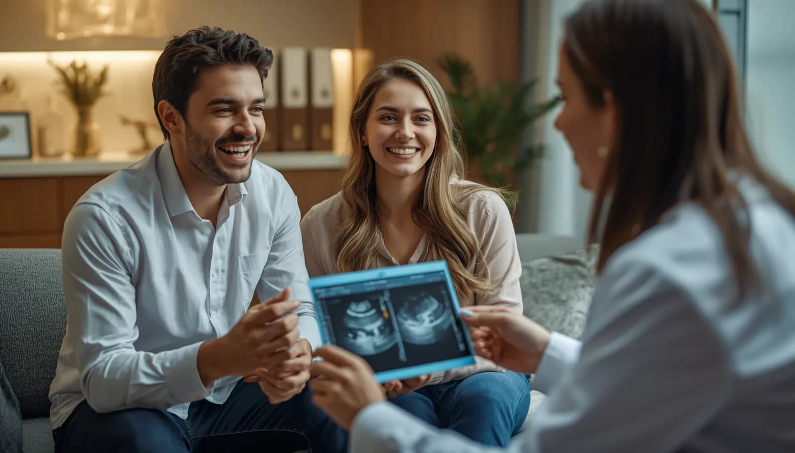 A couple reviewing a scan with a fertility specialist